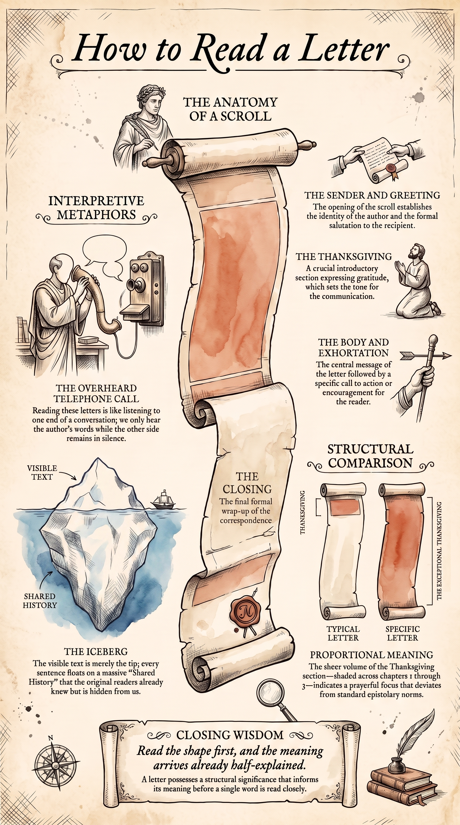 How to Read a Letter: a reading tool setting out the fixed anatomy of a Greco-Roman letter — greeting, thanksgiving, body, closing — alongside Morna Hooker's two images for reading Paul, the overheard telephone call and the iceberg.