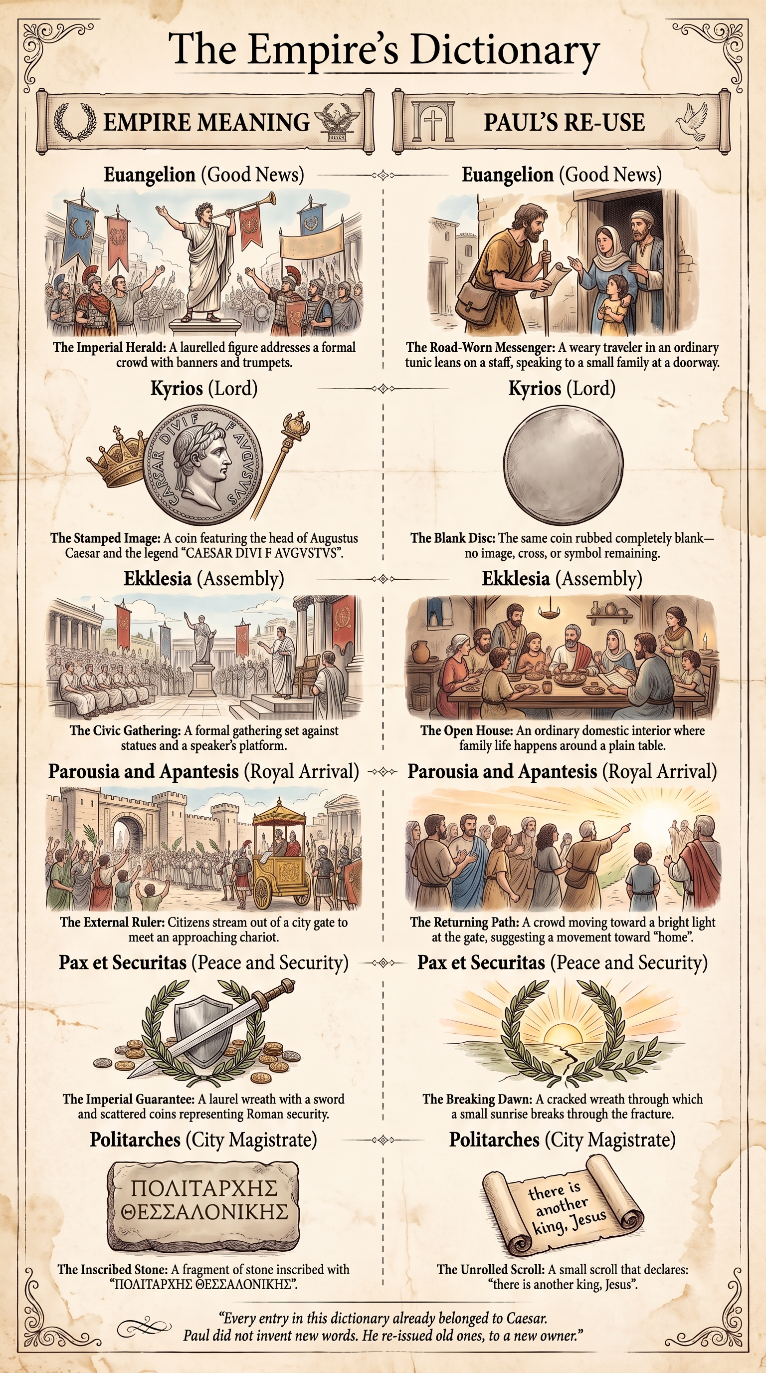 The Empire's Dictionary: a reading tool setting Paul's key words in 1 Thessalonians — euangelion, kyrios, ekklesia, parousia, apantesis, peace and security — beside their prior owners in Roman imperial vocabulary.