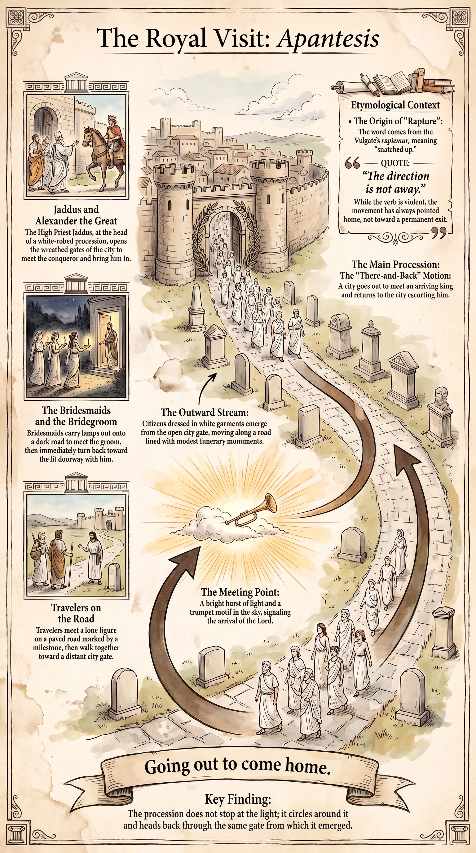 The Royal Visit: a reading tool showing a walled ancient city with a road lined by tombs, the arriving Lord met by citizens streaming out through the gates in the ceremony of parousia and apantesis, every arrow pointing back toward the city.