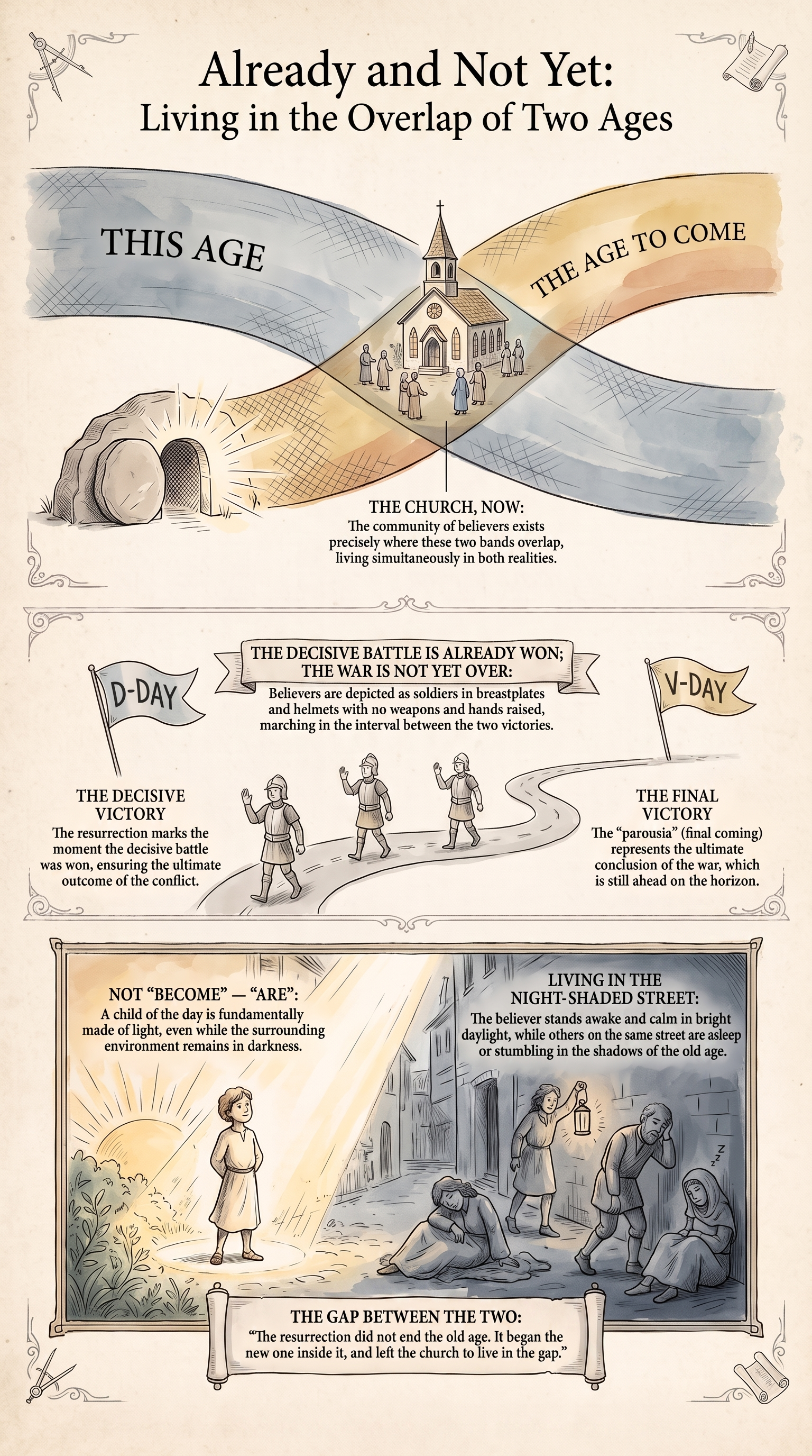 Already and Not Yet: a reading tool showing the overlap of the two ages — the new age begun at the resurrection, the old age persisting, believers living between the times.